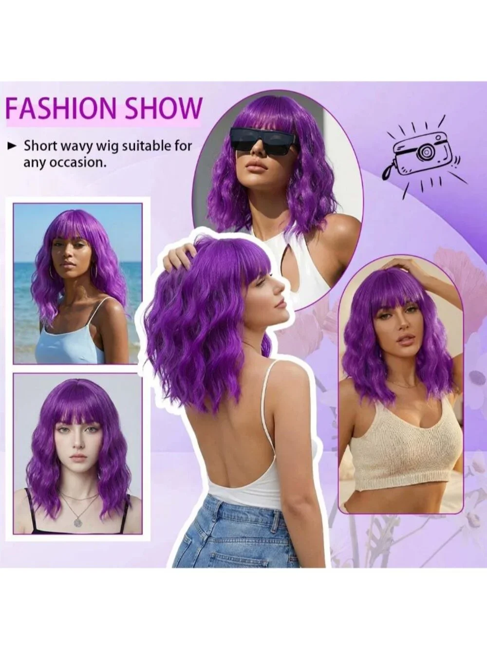 Women's Dark Purple 14 Inch Short Shoulder Length Synthetic Bangs Wavy Bob Wig